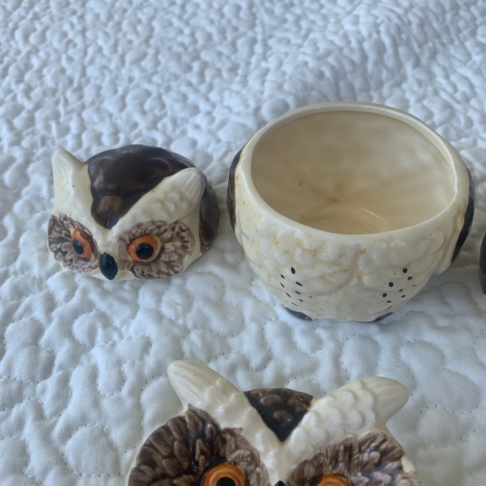 Ceramic Owl Tableware Set spoon, rest, toothpick holder, cream& sugar with lid. - Picture 6 of 10